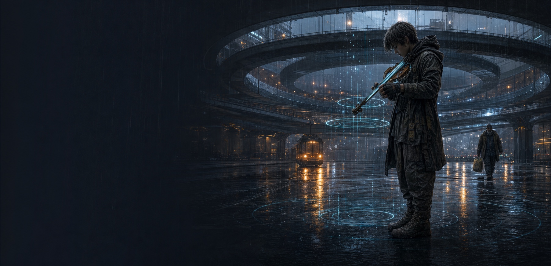 Fiddler tuning his instrument alone in a rain-soaked transit concourse